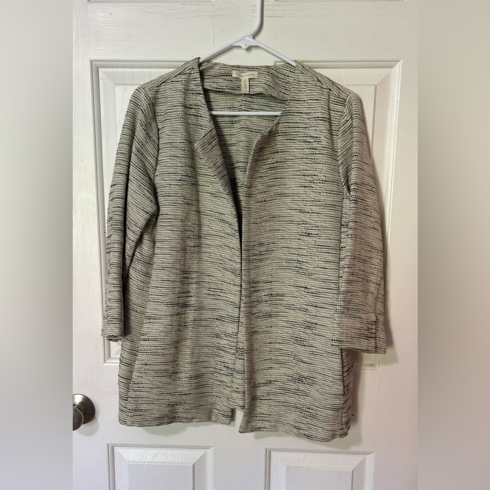 Eileen Fisher Handloomed Furrows Cotton Open Blazer Round Neck Sz Sm Beige Black